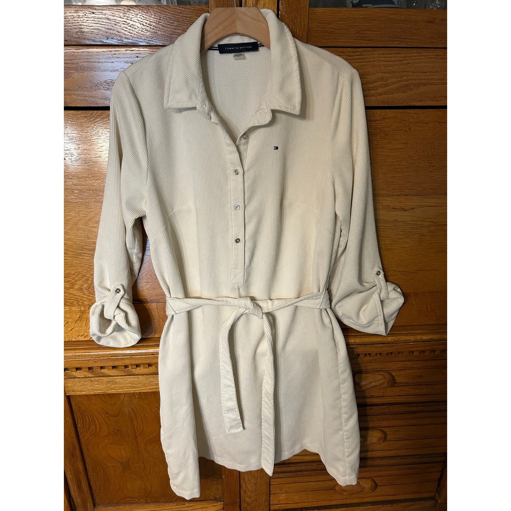 Tommy Hilfiger Preppy Old Money Fall Chic Cream Corduroy Shirt Dress Belted Mini